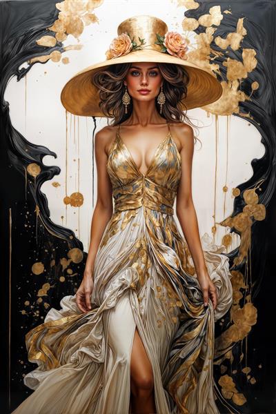 تصویر هنری زن با کلاه لبه دار و پیراهن حریر طلایی ویژه چاپ تابلوهای دکوراتیو و پوستر دیواری سالن های زیبایی و لابی هتل