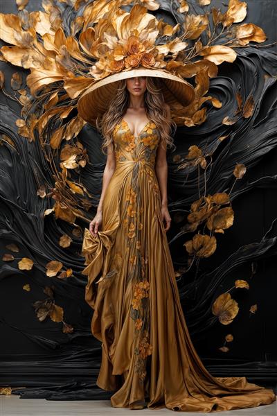 طرح زن در میان گلبرگ های طلایی و مشکی برای پوستر دیواری پذیرایی و اتاق خواب مستر، مناسب تولید پرده چاپی و روتختی بزرگسال