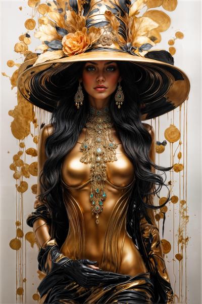 پوستر دیواری لاکچری زن با کلاه طلایی و لباس متالیک انتزاعی مناسب دکوراسیون تالار پذیرایی و مزون های لوکس، چاپ روی تابلو بوم و پوستر سه بعدی
