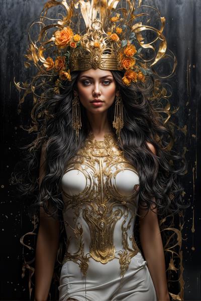 پوستر دیواری فانتزی ملکه با لباس سفید و زره طلایی حکاکی شده ویژه اتاق خواب دخترانه، سالن‌های زیبایی و فضاهای رویایی