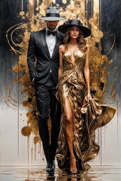 پوستر دیواری دونفره کلاسیک مرد با کت و شلوار و زن با لباس طلایی براق مناسب برای لابی تالارهای عروسی، اتاق نشیمن و دفتر کار لوکس
