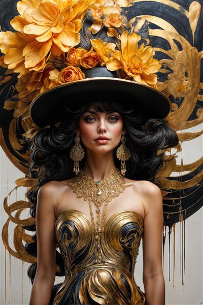 طرح عمودی پوستر دیواری زن با زره دکوراتیو طلایی و تاج گل‌های درشت برای تزیین پشت میز پذیرش هتل و سالن‌های زیبایی VIP