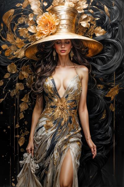 پوستر دیواری جذاب زن با لباس مجلسی یقه باز و کلاه کپ طلایی خیره‌کننده مناسب برای دیوارهای اتاق خواب مستر و مزون‌های لباس شب