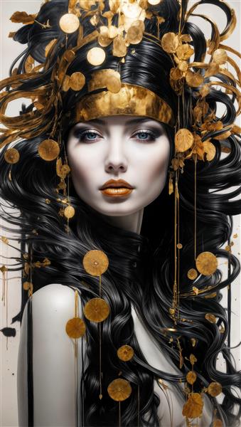 طرح هنری صورت زن با موهای مشکی پرکلاغی و اکسسوری‌های دایره‌ای طلایی برای چاپ روی کوسن، شلف و پوسترهای دیواری خاص