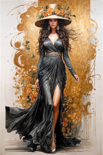 پوستر دیواری لوکس زن با لباس بلند طوسی و کلاه گل‌دار در پس‌زمینه طلایی انتخابی عالی برای سالن‌های پذیرایی بزرگ و ویلاهای مدرن