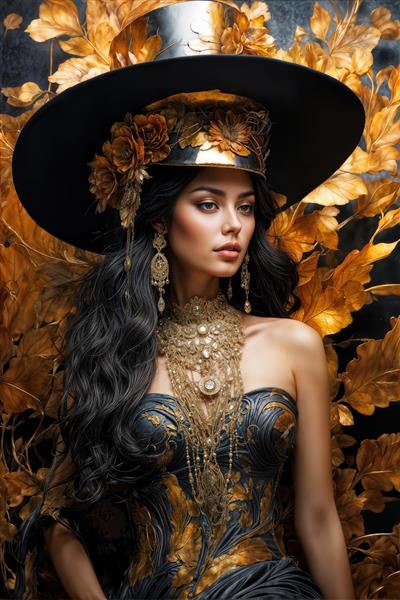 پوستر دیواری کلاسیک چهره زن با کلاه لبه‌دار بزرگ و جواهرات سلطنتی ایده آل برای دکوراسیون مزون عروس و دیوارهای بزرگ تالار