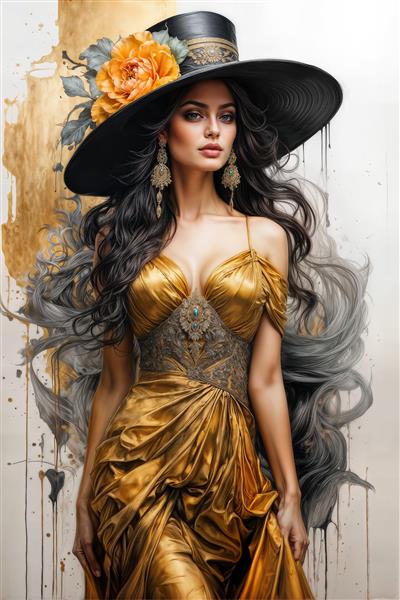 طرح پوستر دیواری شیک زن با لباس دکلته طلایی و کلاه مشکی تزیین شده با گل برای دکوراسیون پشت میز مدیریت و فضاهای اداری خاص