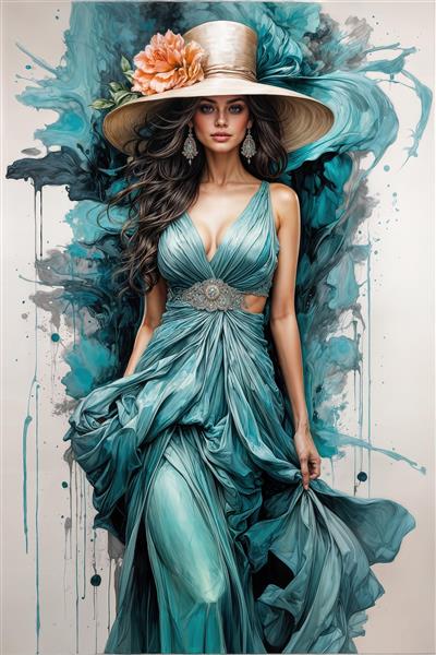پوستر دیواری آبرنگی زن با لباس حریر فیروزه‌ای و کلاه بزرگ مناسب برای آرامش‌بخشی به فضای اتاق خواب، سالن ماساژ و کلینیک زیبایی