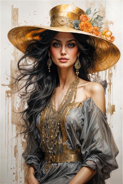 تصویر باکیفیت هنری زن با کلاه لبه‌دار و گل‌های نارنجی ویژه چاپ روی بوم، تابلوهای دکوراتیو و پرده‌های تصویری اتاق نشیمن