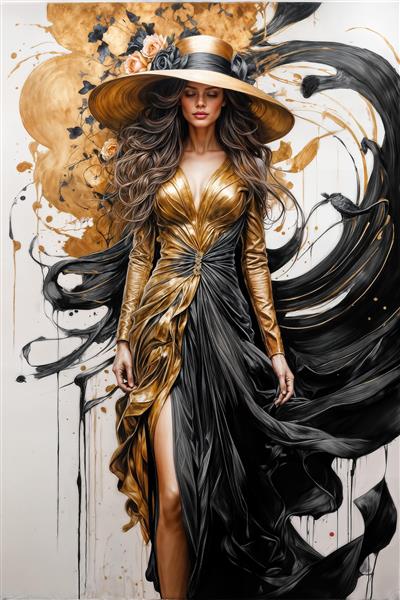 طرح عمودی پوستر دیواری سه بعدی زن با لباس مجلسی طلایی و مشکی در میان موهای افشان برای دکوراسیون تالار پذیرایی و لابی هتل