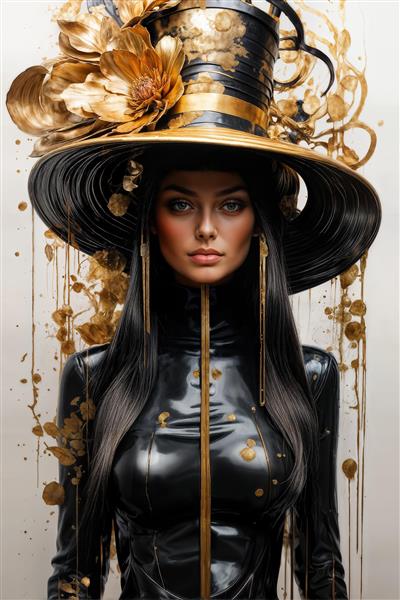 پوستر دیواری لاکچری چهره زن با کلاه بزرگ طلایی و لباس چرم براق مناسب برای مزون‌های لوکس، سالن‌های زیبایی و اتاق خواب مستر