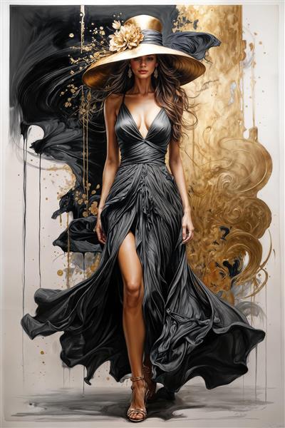 طرح خیره‌کننده پوستر دیواری زن با لباس ساتن مشکی و کلاه کلاسیک طلایی برای دکوراسیون پذیرایی و پشت صندلی مدیریت