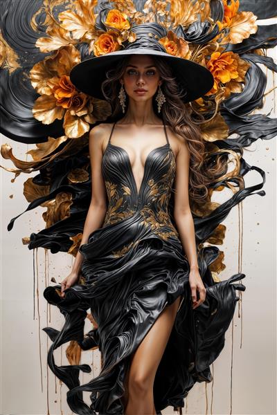 پوستر دیواری هنری زن با لباس دکلته مشکی و کلاه لبه‌دار بزرگ در میان نقوش طلایی مناسب برای دفتر کار و فضاهای مدرن