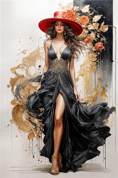 طرح لوکس پوستر دیواری فیگور زن با پیراهن مشکی بلند و المان‌های طلایی انتزاعی برای ورودی ساختمان و لابی برج‌های مسکونی