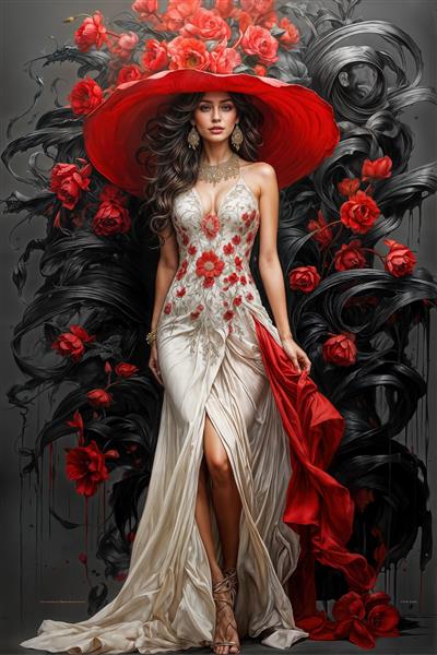 کاغذ دیواری سه بعدی طرح رمانتیک زن در لباس سفید و قرمز با کلاه بزرگ مناسب برای اتاق خواب و فضاهای تجاری زنانه