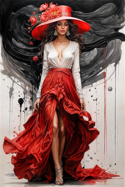 پوستر دیواری طرح مدرن زن با دامن قرمز چین‌دار و کلاه گل‌دار فانتزی برای دکوراسیون اتاق پذیرایی و پشت میز ناهارخوری
