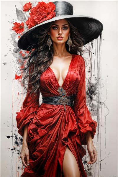 طرح گرافیکی جذاب پوستر دیواری زن با لباس قرمز پررنگ و کلاه مشکی ویژه استفاده در گالری‌های هنری و دیوارهای پشت کاناپه