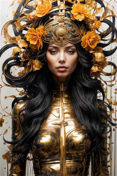 پوستر دیواری فانتزی طرح ملکه طلایی با سربند سنتی و گلهای زرد برای دکوراسیون‌های خاص در رستوران‌های سنتی و کافه‌های لوکس
