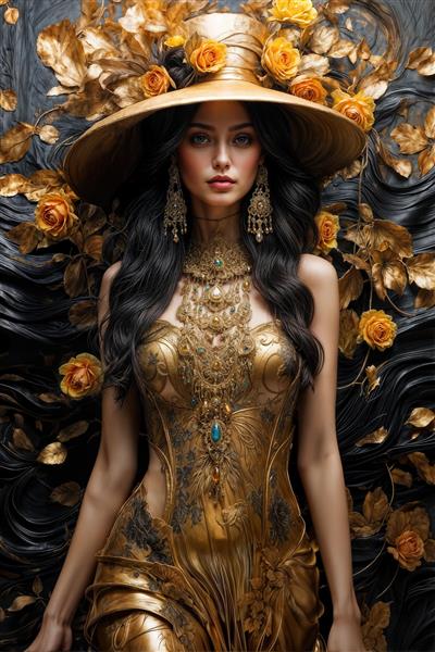 پوستر دیواری سه بعدی مدل زن با جواهرات فیروزه‌ای و لباس طلایی متالیک براق مناسب برای تزیین دیوارهای سالن پذیرایی و اتاق خواب