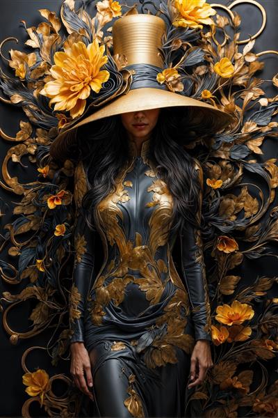 طرح عمودی پوستر دیواری هنری با فیگور زن در میان شاخ و برگ طلایی و مشکی خیره‌کننده برای دکوراسیون پشت تلویزیون و نشیمن