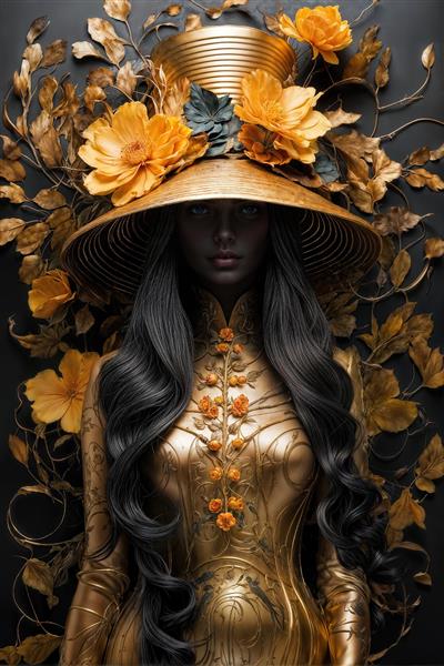 پوستر دیواری عمودی طرح مینیمال زن با پوشش طلایی و پس‌زمینه تیره برای ایجاد عمق در فضاهای کوچک و راهروهای لوکس