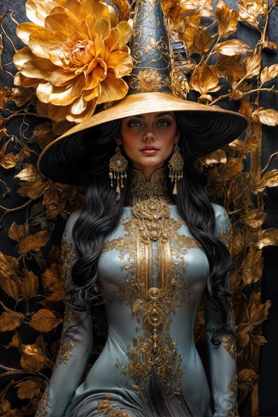 پوستر دیواری طرح نقاشی مدرن زن با لباس نقره‌ای آبی و اکسسوری‌های طلایی برای سالن نشیمن و دفتر کار خانم‌های مدیر