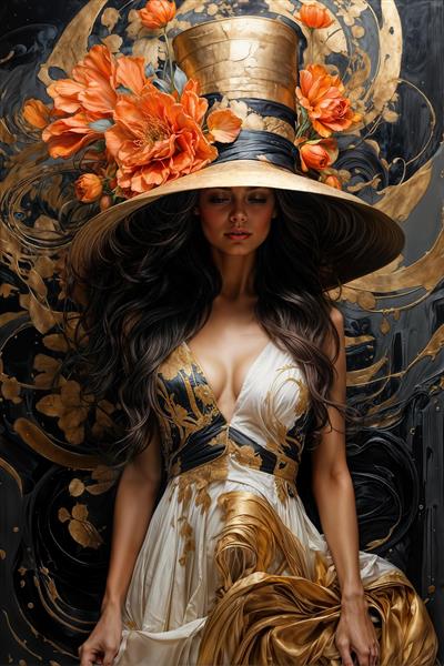 تصویر باکیفیت هنری زن با کلاه فانتزی و گلهای نارنجی ایده آل برای چاپ روی کوسن، آباژور و پوستر دیواری اتاق خواب دخترانه