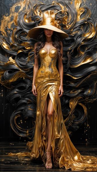 طرح لاکچری پوستر دیواری سه بعدی زن با لباس براق طلایی و موهای مواج مشکی برای دیوارهای بزرگ در ویلاها و لابی‌های مجلل