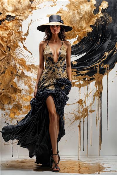 طرح پوستر دیواری انتزاعی با فیگور زن در میان امواج رنگ مشکی و طلایی ایده آل برای پشت میز مدیریت و فضاهای اداری خاص