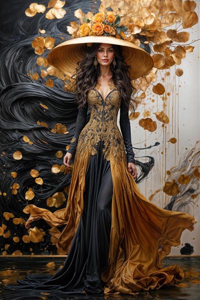 پوستر دیواری با ابعاد عریض طرح زن با لباس شب دنباله‌دار زرد و مشکی و تم برگ‌های پاییزی طلایی برای دیوارهای بزرگ نشیمن و سالن‌های کنفرانس