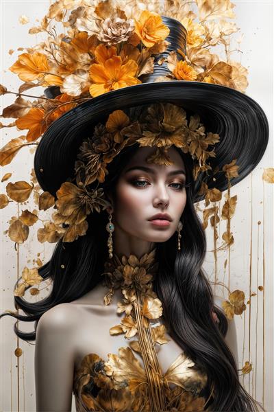 پرتره هنری زن با تاج گل‌های طلایی و لباس دکلته برای چاپ روی کوسن، دفترچه یادداشت و پوستر دیواری اتاق خواب دخترانه و مزون