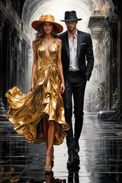 پوستر سه بعدی سالن انتظار و لابی با طرح قدم زدن زوج شیک‌پوش در عمارت اروپایی کلاسیک برای چاپ روی متریال‌های چرمی و اکلیل‌دار