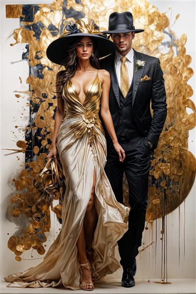 طرح پوستر دیواری دونفره کلاسیک زن و مرد با استایل فرمال طلایی و مشکی مناسب برای لابی تالار پذیرایی، پشت میز کانتر آتلیه عکاسی و مزون عروس