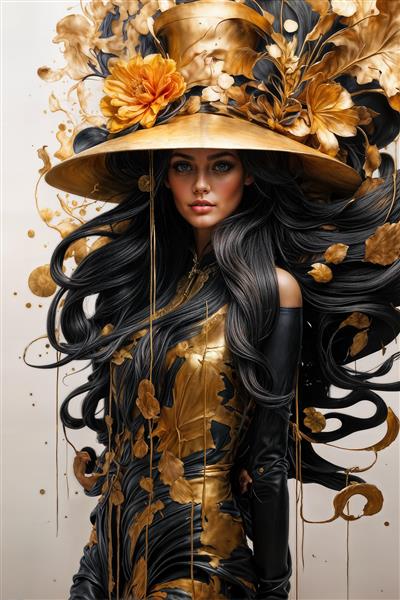 پوستر دیواری سه بعدی فانتزی زن با موهای مشکی بلند و المان‌های طلایی براق ویژه دکوراسیون پشت تلویزیون، سالن‌های آرایش لوکس و اتاق خواب مستر