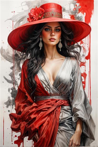 تصویر هنری زن با شال قرمز و لباس نقره‌ای متالیک انتخابی عالی برای تابلوهای دکوراتیو پذیرایی و پوستر دیواری مدرن در فضاهای اداری مدیریت و کلینیک‌های زیبایی