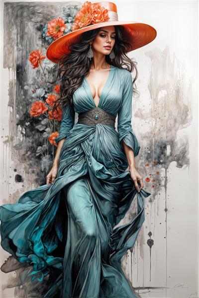 طرح نقاشی آبرنگی زن با لباس حریر سبز کله‌غازی و کلاه گل‌گلی برای چاپ روی پرده پانچی، روتختی اتاق خواب بزرگسال و پوستر دیواری پشت تخت خواب