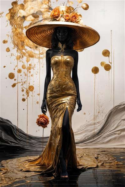 پوستر دیواری لوکس زن آفریقایی با لباس دکلته طلایی و کلاه بزرگ لبه‌دار مناسب برای سالن‌های زیبایی، مزون‌های خاص و لابی هتل های مجلل به صورت تابلو بوم یا پوستر سه بعدی