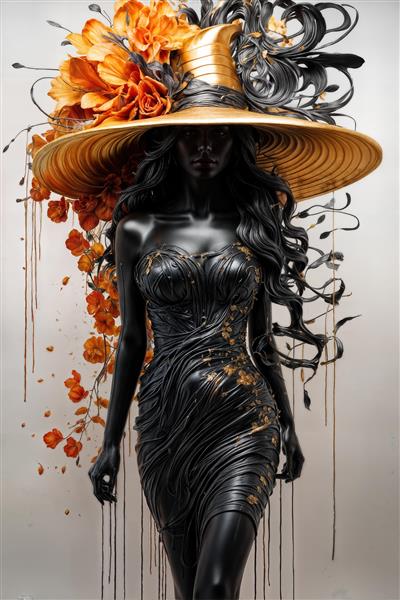 تصویر گرافیکی زن با استایل مشکی و کلاه لبه دار بزرگ و گل های نارنجی برای دکوراسیون بوتیک و گالری های هنری