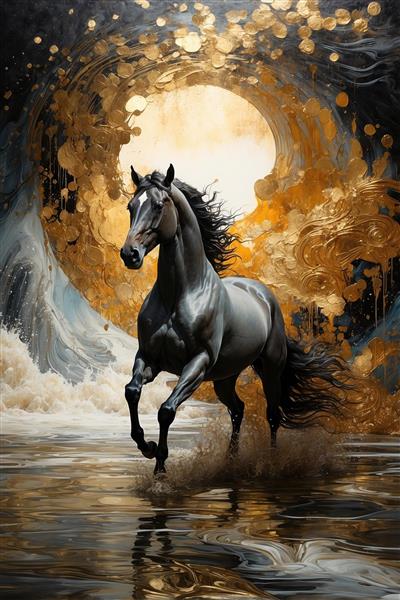 طرح هنری اسب سیاه در مقابل ماه طلایی ویژه چاپ روی بوم، تابلو فرش و دیوارپوش های هنری اتاق خواب