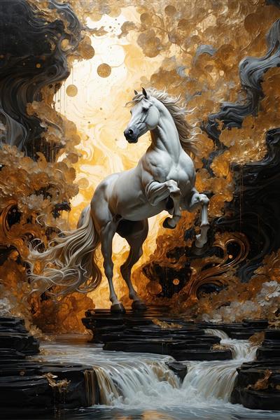 پوستر عمودی اسب سپید در طبیعت انتزاعی طلایی و مشکی مناسب برای راهرو، ورودی ویلا و فضاهای باریک