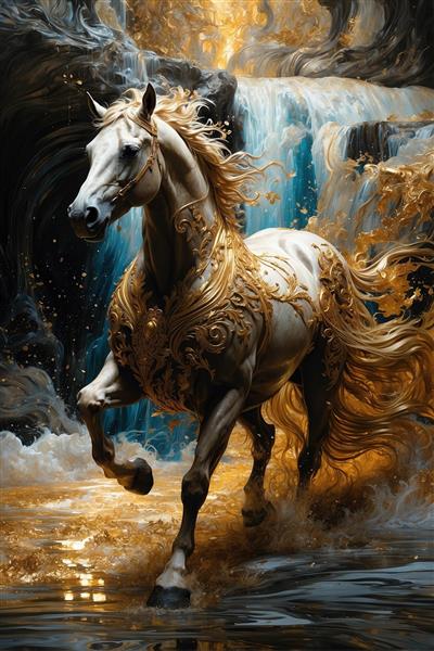پوستر دیواری طرح اسب سفید با یال های طلایی روان و آبشار فیروزه ای برای سالن های ورزشی و باشگاه های سوارکاری