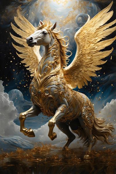 تصویر فانتزی اسب پگاسوس با بدنه حکاکی شده طلایی ایده آل برای پوستر سه بعدی اتاق خواب و روتختی بزرگسال