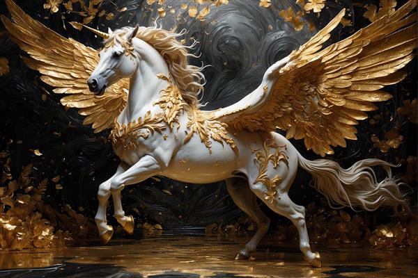 پوستر دیواری لاکچری اسب بالدار سفید در میان شاخ و برگ طلایی و مشکی برای پشت میز مدیریت و اتاق جلسات