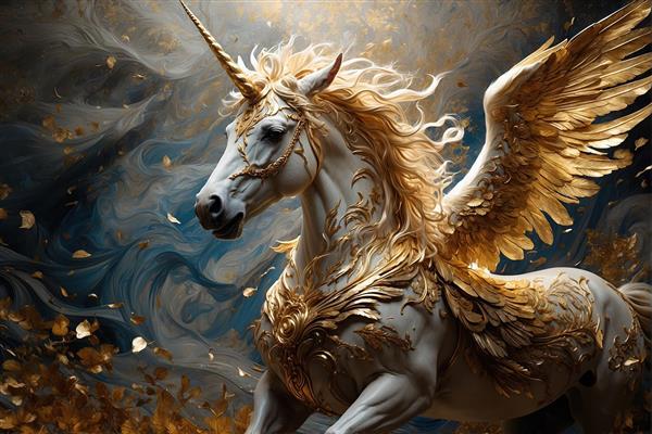 طرح نقاشی دیجیتال اسب شاخدار بالدار با پرهای طلایی خیره کننده ویژه چاپ پوستر دیواری عریض و تابلوهای هنری مدرن