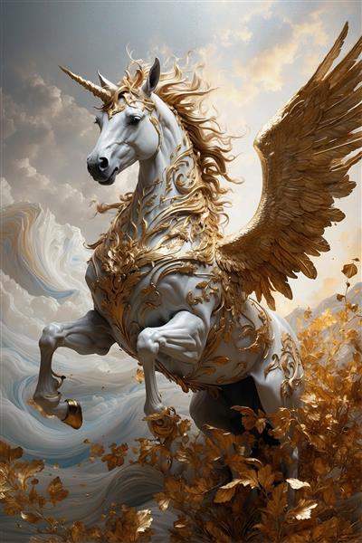 تابلو دکوراتیو اسب تک شاخ بالدار سفید و طلایی با جزئیات لوکس مناسب برای اتاق خواب کودک و نوجوان و چاپ روی دفترچه