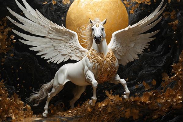 تصویر پرتره عریض اسب پگاسوس با بال‌های باز در زمینه تیره و طلایی برای پوستر دیواری سالن‌های ورزشی و باشگاه‌های لوکس