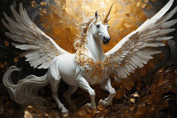 طرح گرافیکی سر اسب بالدار با یال‌های بلند و تزئینات طلا جهت چاپ روی شاسی، دفترچه و کوسن‌های دکوراتیو مدرن