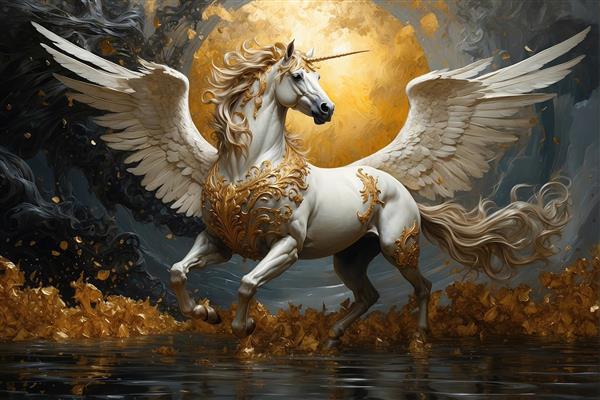 پوستر دیواری مدرن اسب تمام طلا در حال عبور از رودخانه کوهستانی با جزئیات براق ویژه دکوراسیون پشت تلویزیون