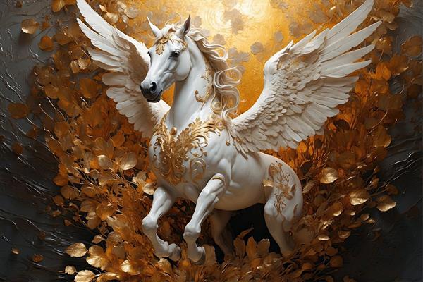 اسب تک‌شاخ بالدار در میان ابرها و شاخه‌های طلایی با استایل نقاشی دیجیتال مناسب برای کاغذ دیواری اتاق خواب مستر