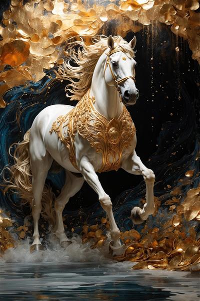 پوستر دیواری سه بعدی اسب بالدار مقابل قرص کامل ماه طلایی برای ایجاد فضای دراماتیک در تالارها و رستوران‌های مجلل